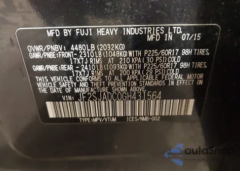 2016 Subaru Forester 2.5I Premium из США, поврежденный, VIN JF2SJADC0GH431564